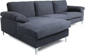 Canapé d'angle gris en velours 4 à 5 places