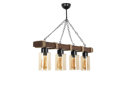 chandelier 4 ampoules avec chaînes et bois saphia fond blanc concept usine