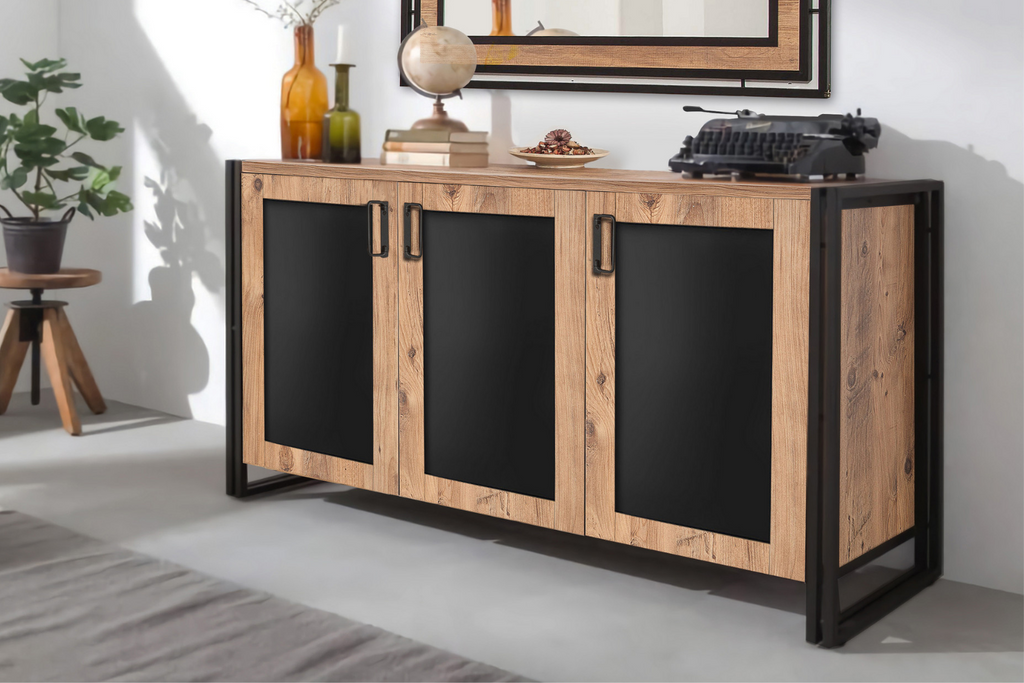 Buffet industriel à roulettes 6 portes en métal et bois de sapin L119 Wayne | Maisons du Monde