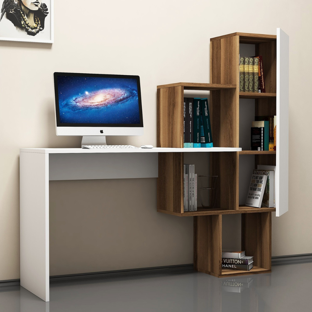 Bureau fonctionnel 6 rangements bois et blanc