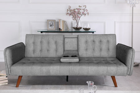 Canapé 3 places convertible avec tablette centrale rabattable en velours glacé gris Inverness photo d'ambiance