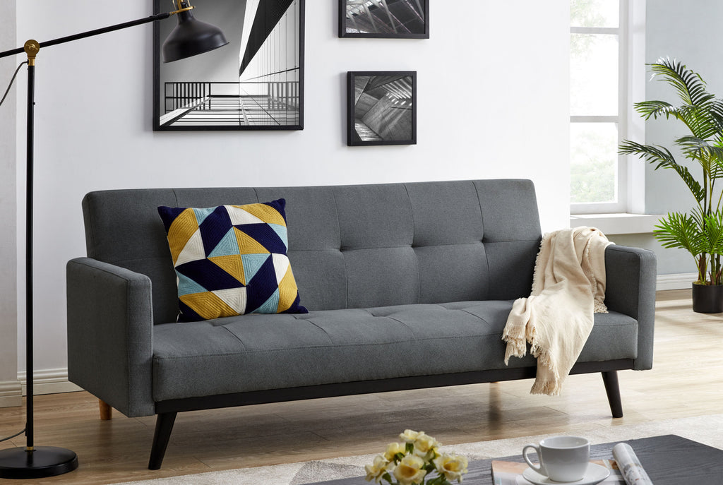 Canapé convertible U gauche tissu gris foncé et simili gris avec coffre