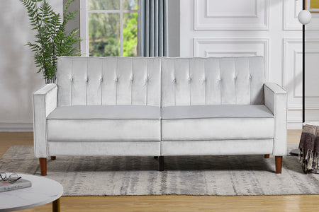 Canapé convertible en velours gris clair surpiqué avec boutons