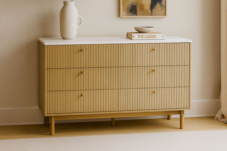 Buffet 6 tiroirs aspect bois et blanc 120cm Brox photo d'ambiance