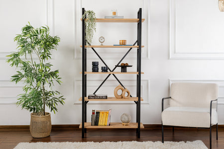 Etagère moderne 5 espaces de rangement bois et métal 180cm Elysian photo d'ambiance