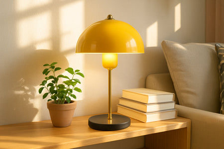 Lampe de table champignon jaune 38cm Edith photo d'ambiance