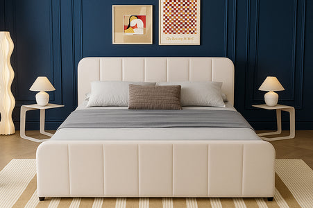 Lit avec coffre de rangement 140x190cm en velours beige Tampa photo d'ambiance