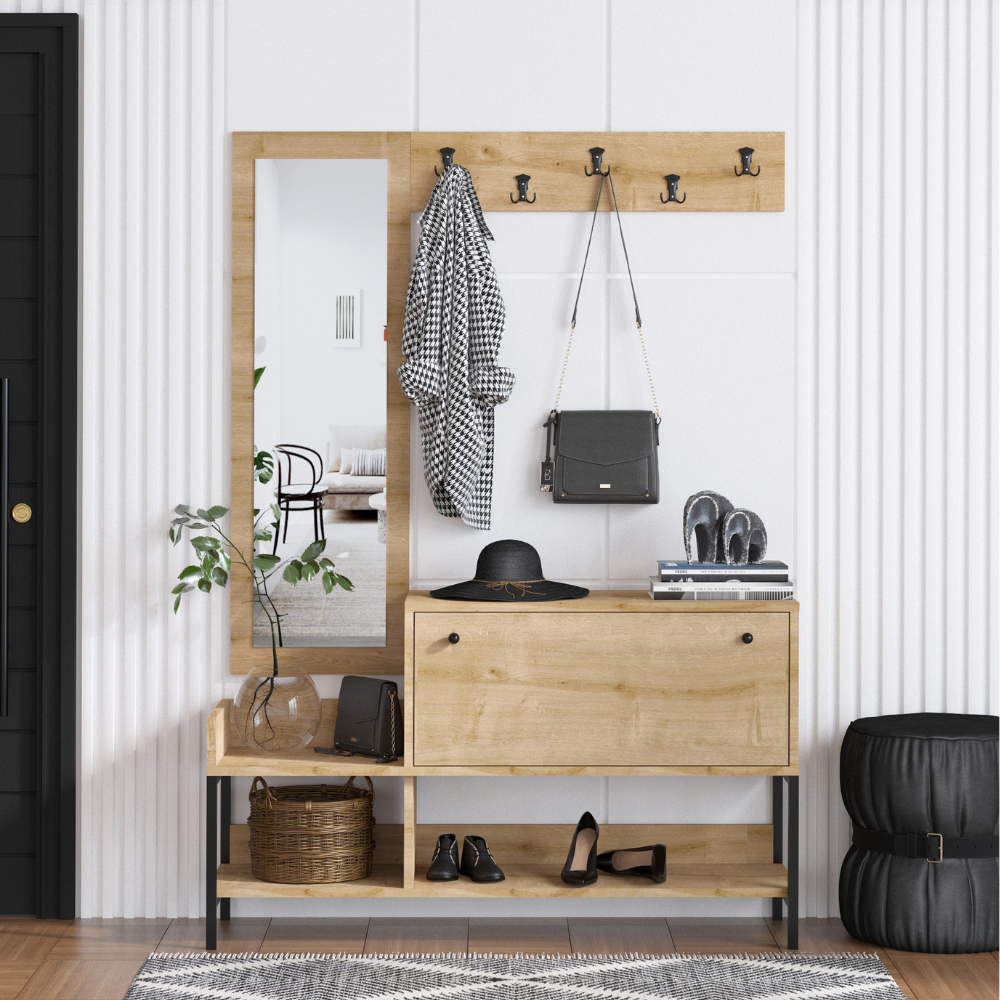 HASERW - Porte-manteaux style industriel couloir - 186x100x40 cm - Assise - Meuble d'entrée