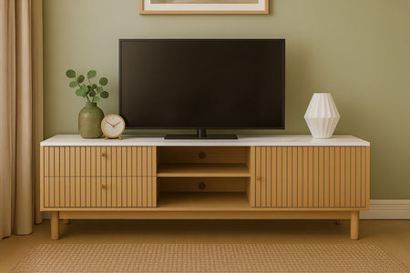 Meuble TV aspect bois et blanc avec tiroirs et placard 150cm Trix photo d'ambiance