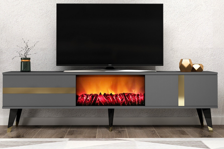 Meuble TV sur pieds avec cheminée LED 150cm gris anthracite et détails dorés Suny vue de face
