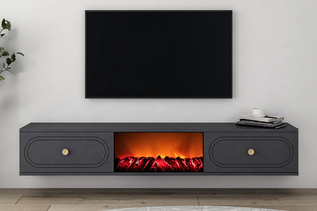 Meuble TV avec cheminée LED 150cm gris anthracite vue de face