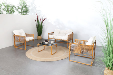 Salon de jardin 4 places effet rotin rotin naturel et blanc Turini photo d'ambiance