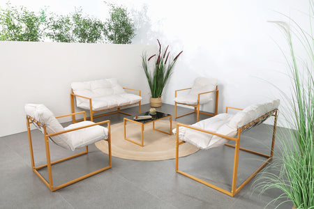 Salon de jardin 6 places contemporain marron et coussins beiges Rabat photo d'ambiance