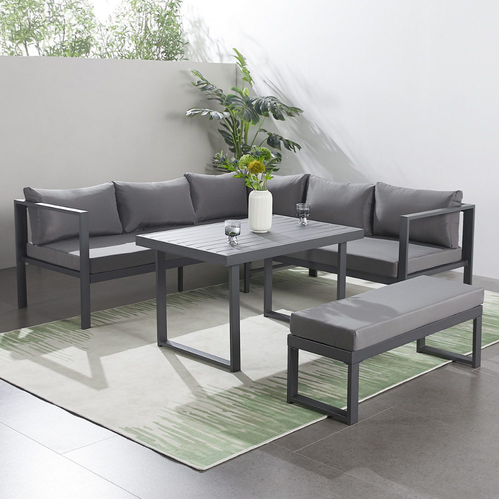 Salon de jardin gris foncé 6 places canapé + banc