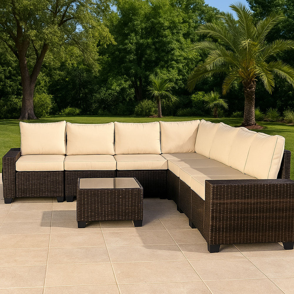 Salon de jardin d'angle 7 places modulable en résine tressée avec table