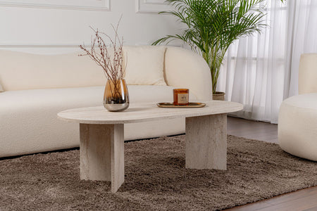 Table basse ovale effet travertin 119x60cm Lyu photo d'ambiance