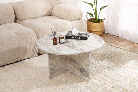 Table basse ronde effet marbre freesia 80x80cm Vinu photo d'ambiance