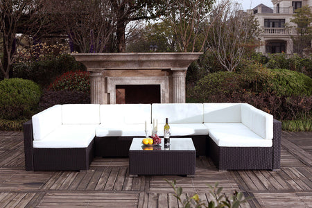 Grand salon de jardin en résine tressée pour 6 personnes Noir et blanc