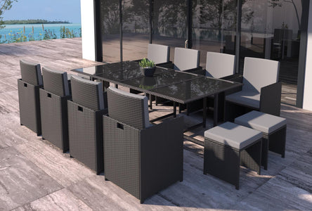 salon de jardin de 12 places en résine tressée Noir et gris clair