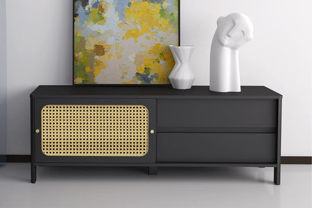 Meuble TV en bois noir et cannage