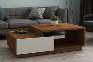 Table basse en bois foncé et tiroirs blanc