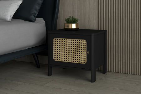 Table de chevet bois noir et cannage