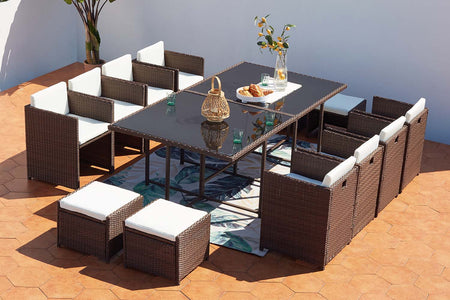 salon de jardin encastrable pour 12 personnes en résine tressée Marron et blanc