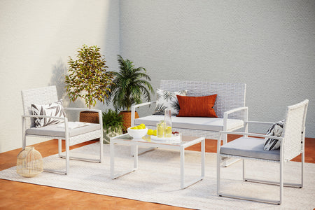 salon de jardin bas en résine tressée de 4 places gris clair