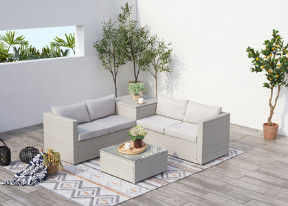 salon de jardin en résine tressée pour 4 places avec coffre intégré Silang gris