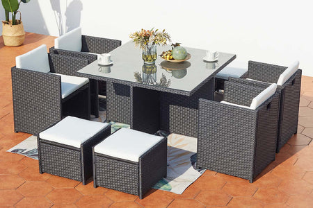 salon de jardin encastrable pour 8 personnes en résine tressée Noir et blanc
