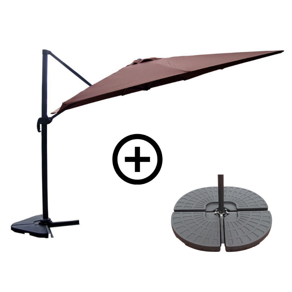 Ensemble parasol CESARE chocolat 3x4m et 4 dalles à lester présentation du lot