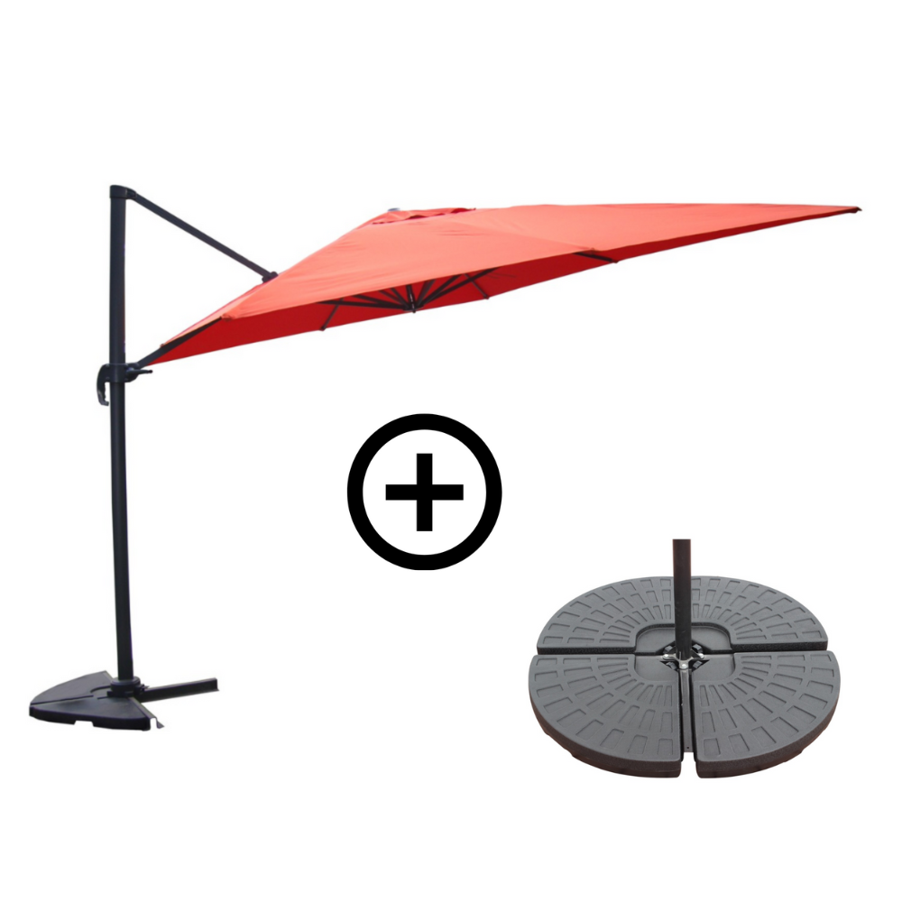 Ensemble parasol CESARE terracotta 3x4m et 4 dalles à lester présentation du lot