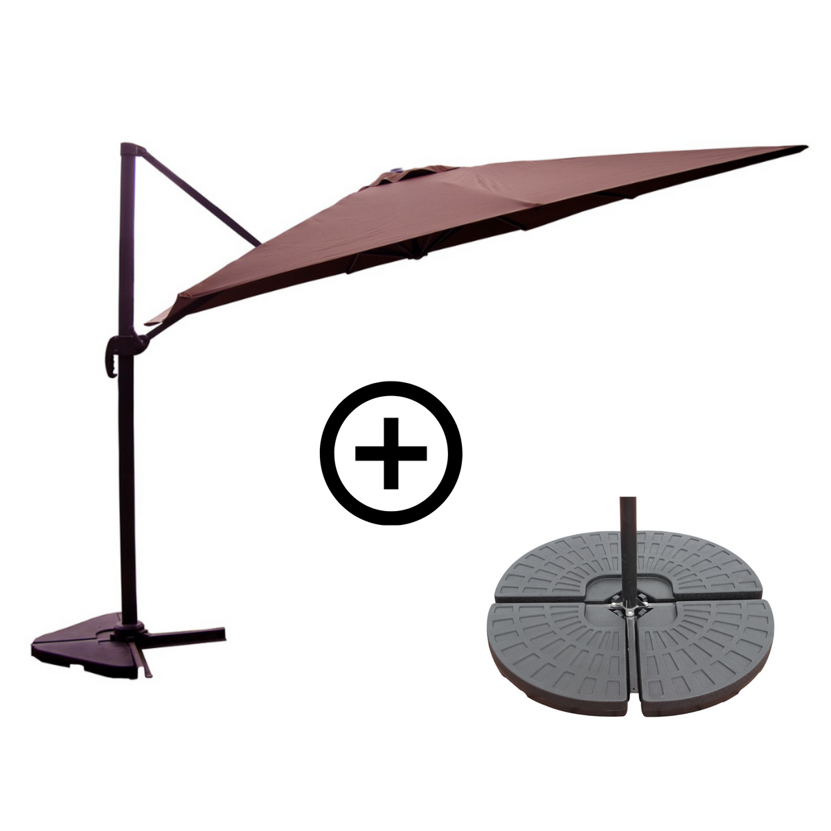 Ensemble parasol PALATINO chocolat 3x3m et 4 dalles à lester photo de présentation du lot