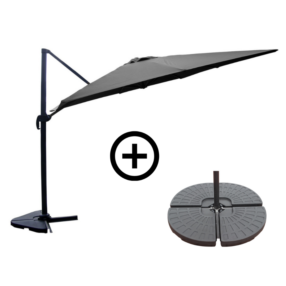 Ensemble parasol CESARE gris 3x4m et 4 dalles à lester 