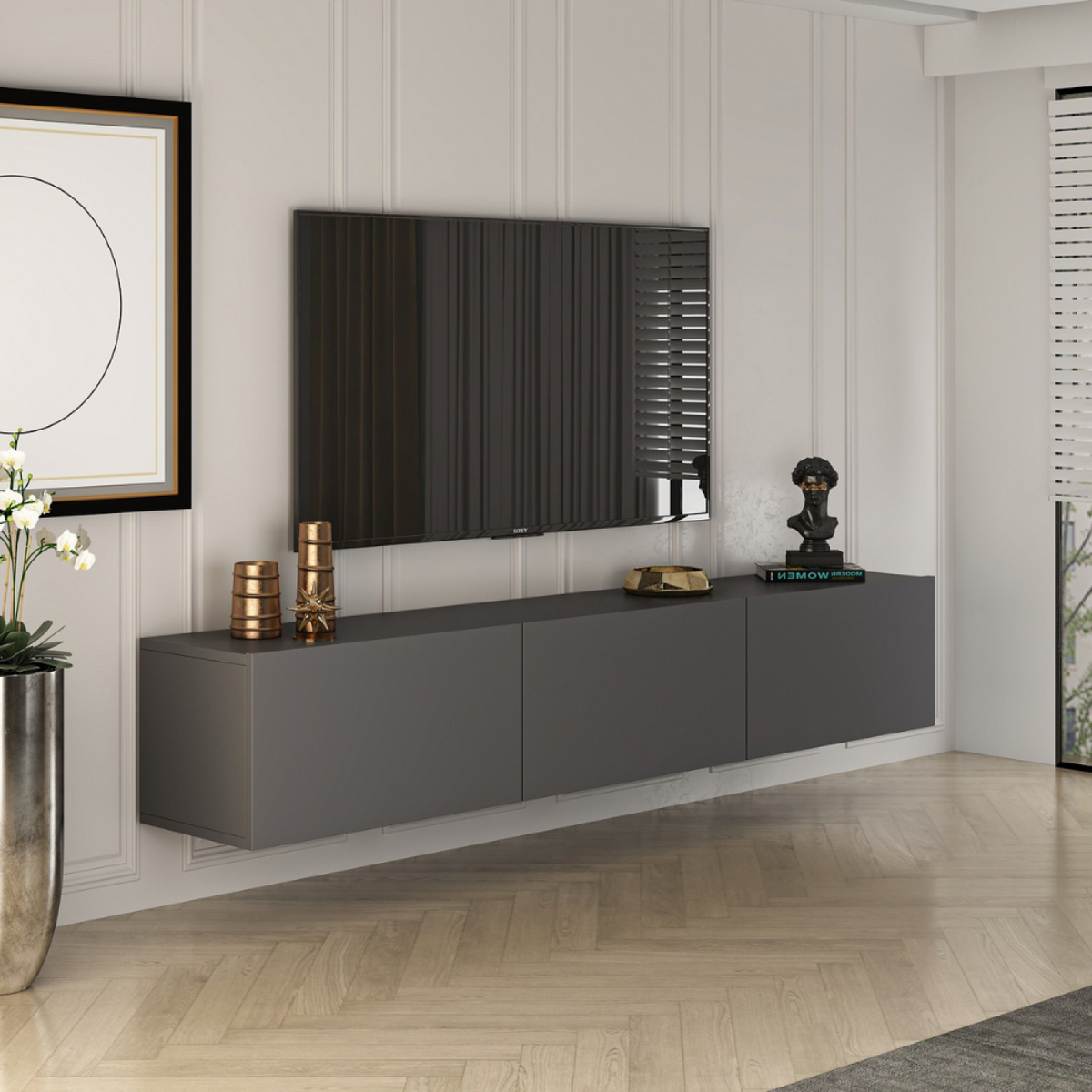 Meuble TV suspendu avec placards 150cm gris anthracite HAL