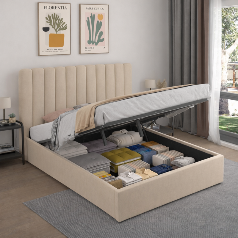 lit coffre 140x190 cm en velours beige savannah