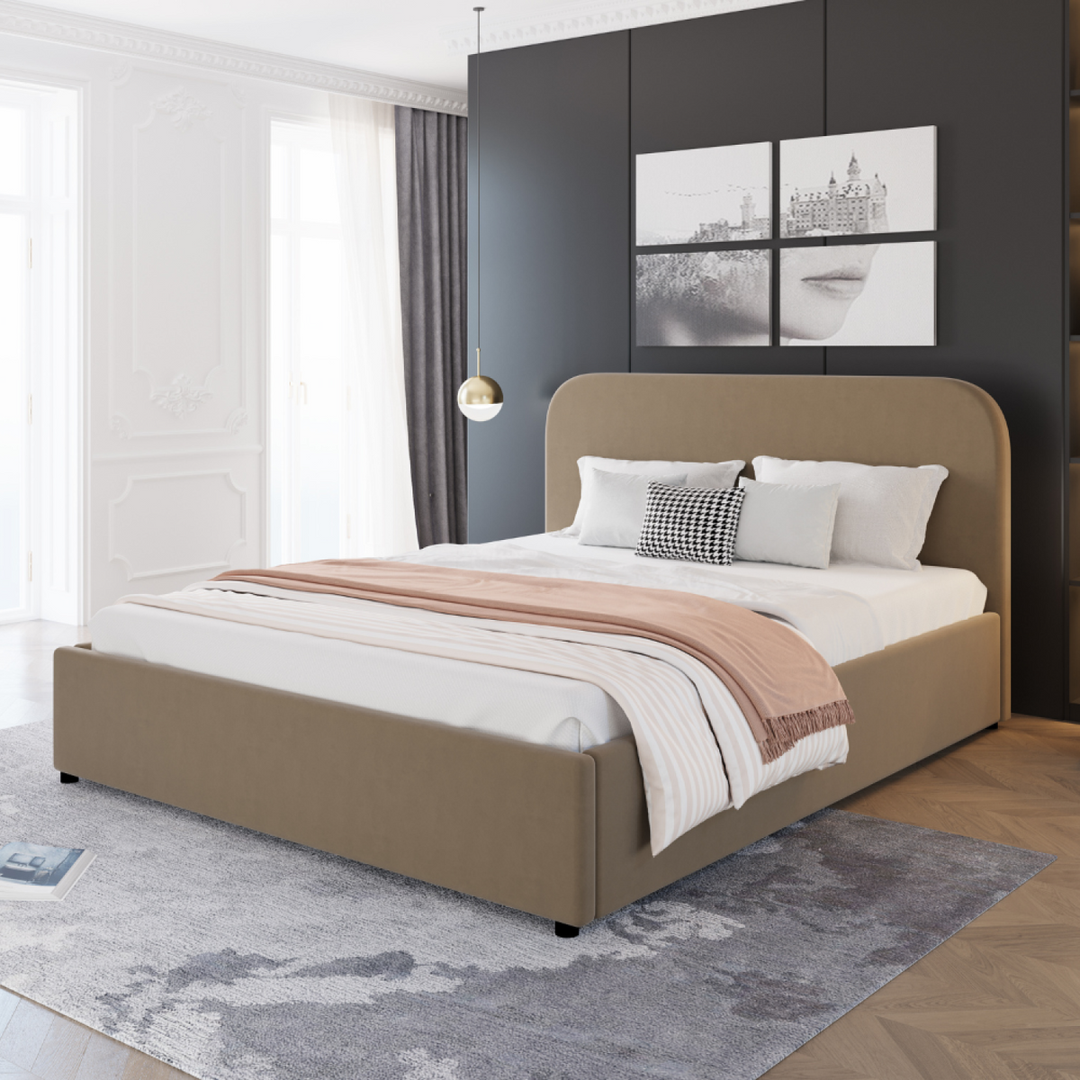 Lit coffre 140x190 cm en velours taupe HOUSTON