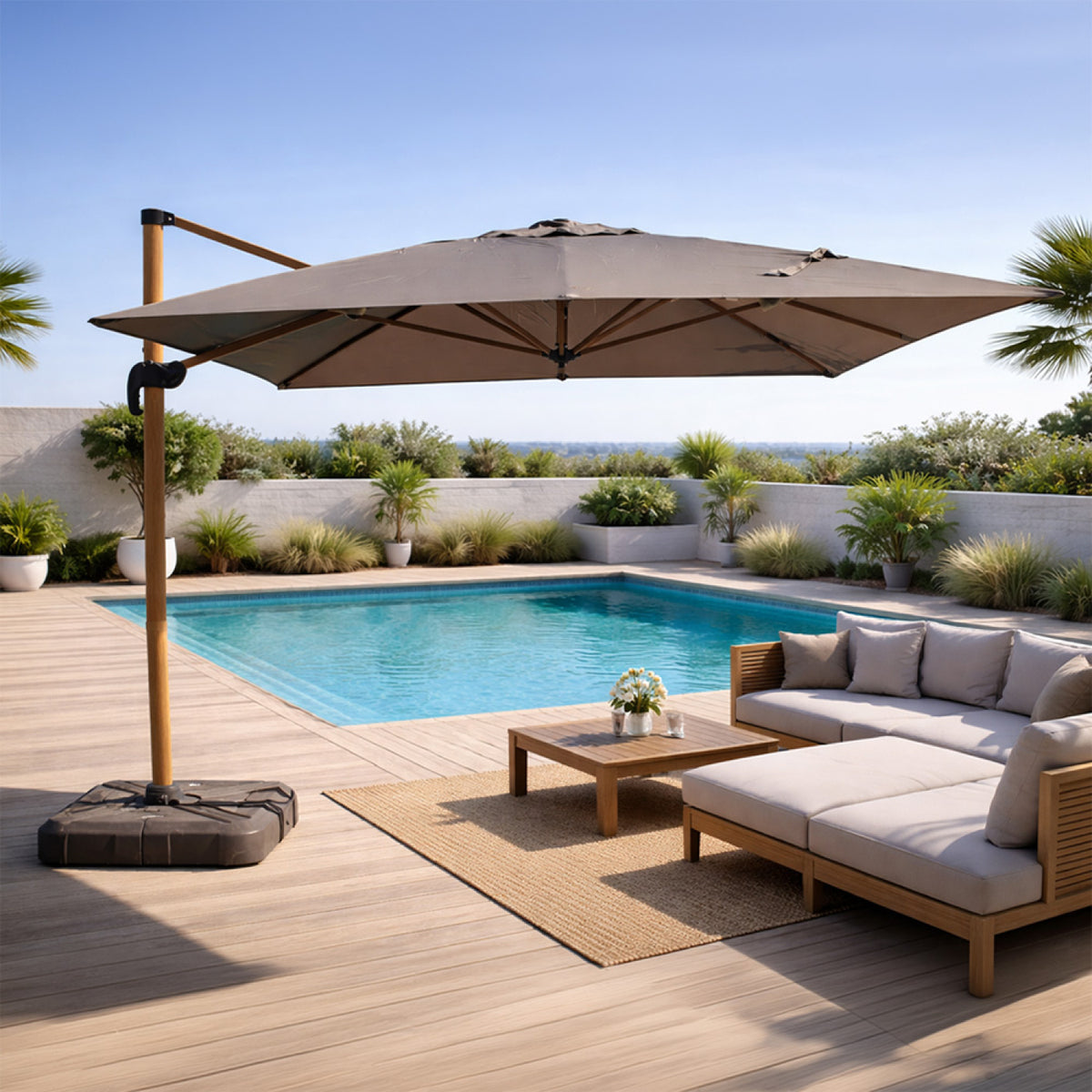 parasol déporté rotatif effet bois 3x4m gris cesare