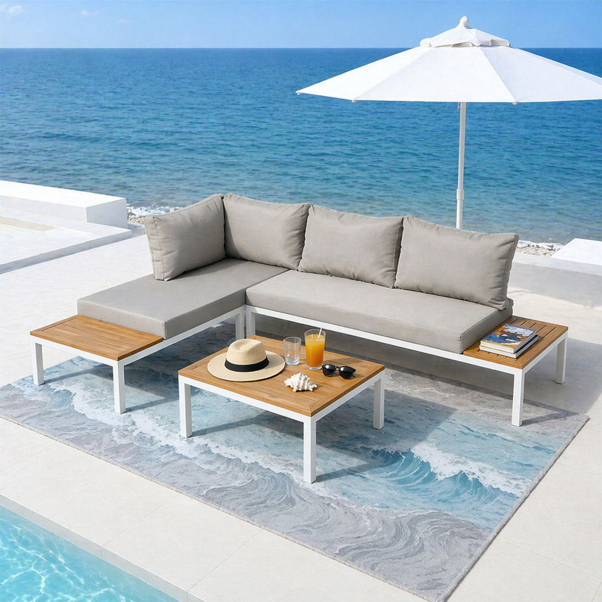 Salon de jardin 3/4 places avec table basse blanc et gris MAJURO