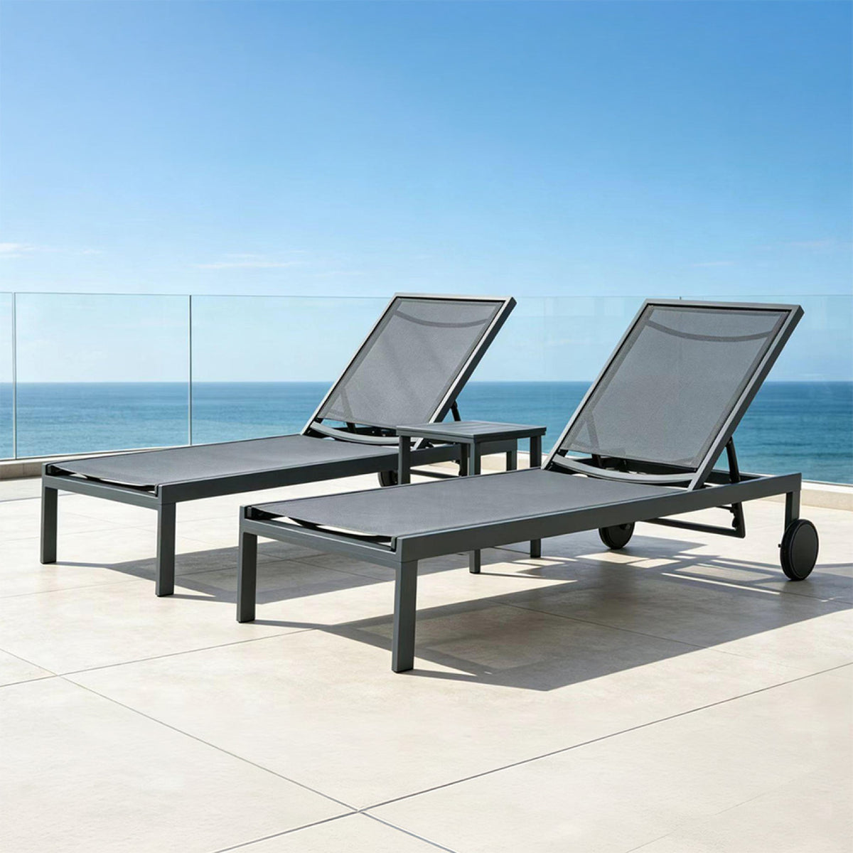 Lot de 2 bains de soleil inclinable gris foncé avec roues en aluminium CUBA