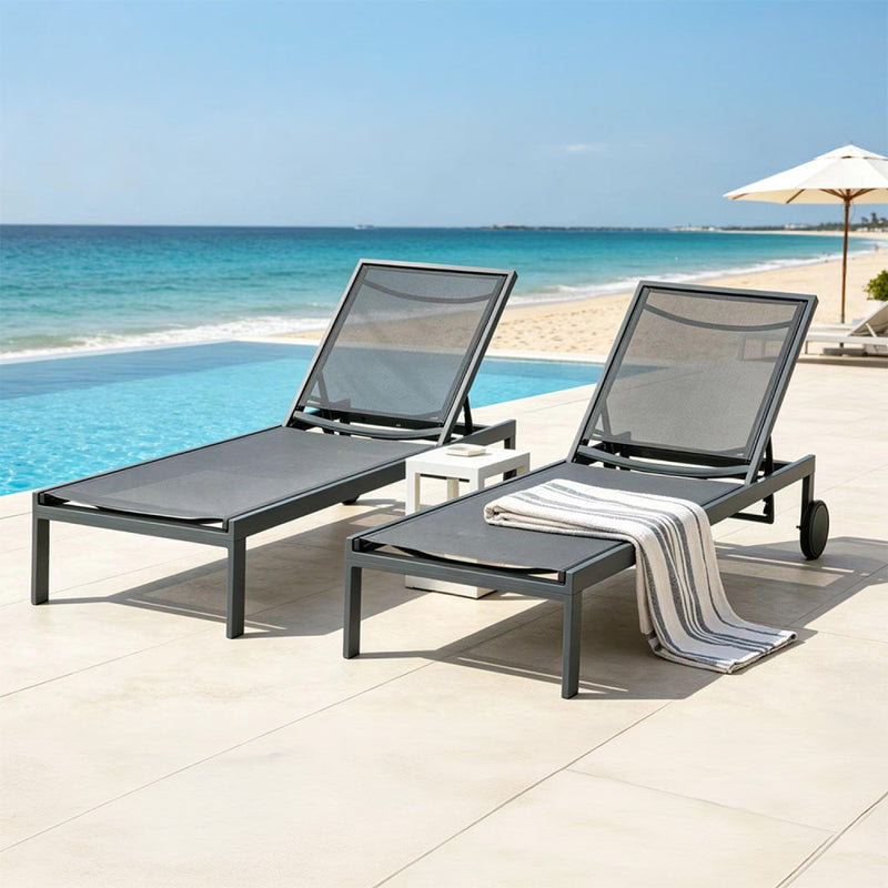 Lot de 2 bains de soleil inclinable gris foncé avec roues en aluminium CUBA