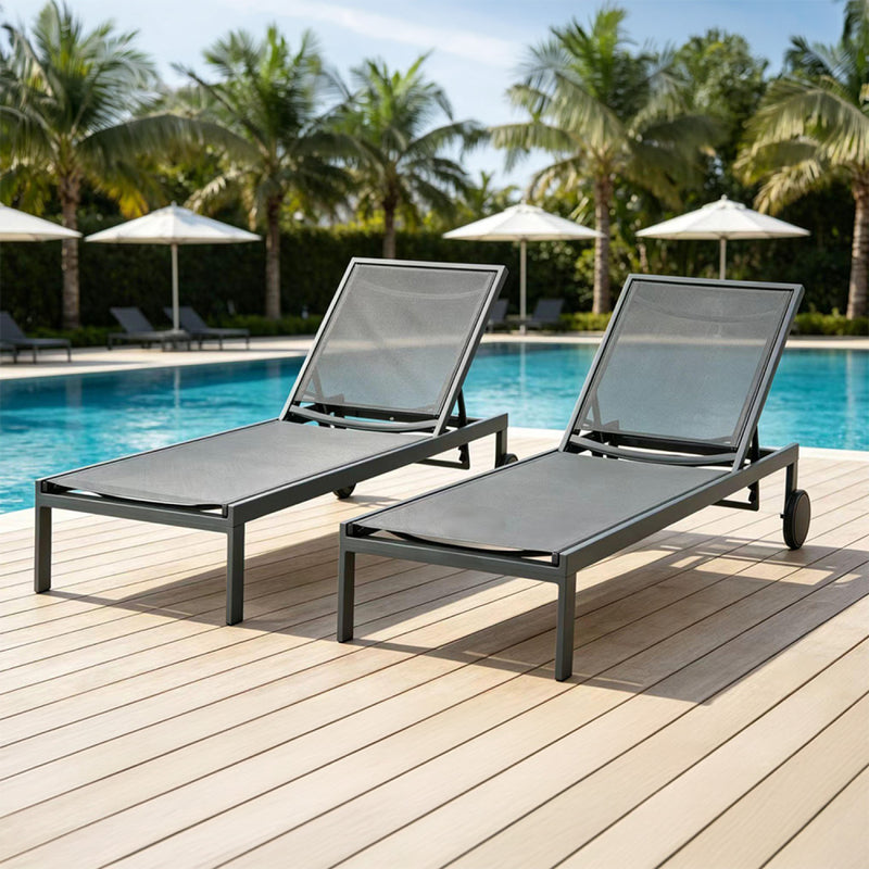Lot de 2 bains de soleil inclinable gris foncé avec roues en aluminium CUBA