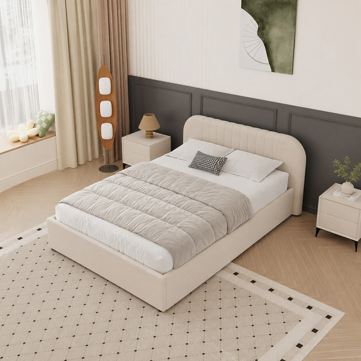 Lit avec coffre de rangement 140x190cm en velours beige IRVINE