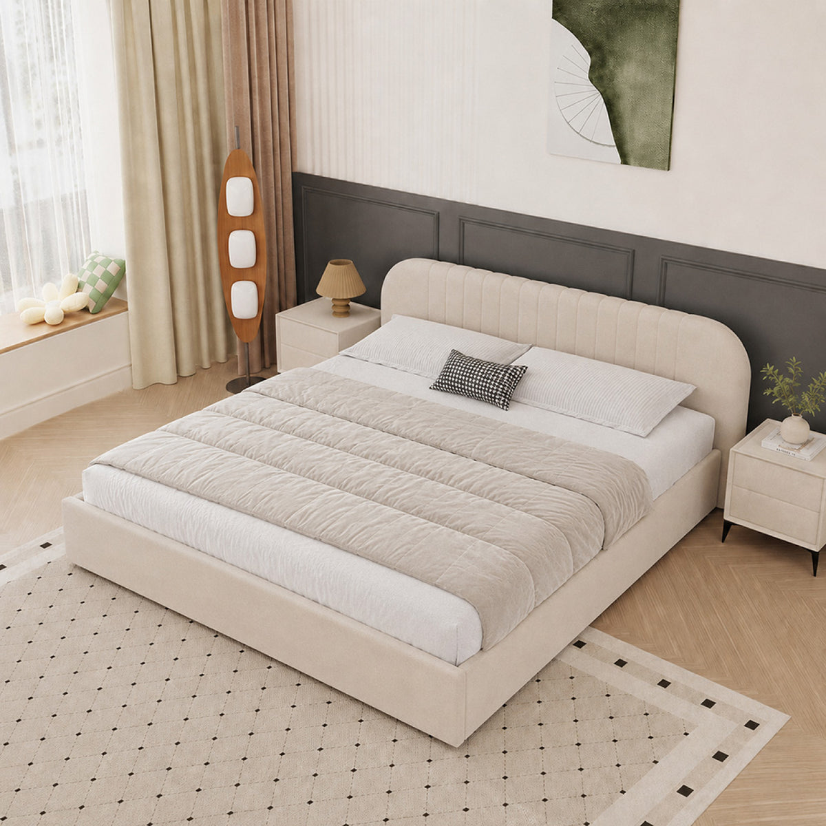 Lit avec coffre de rangement 160x200cm en velours beige IRVINE