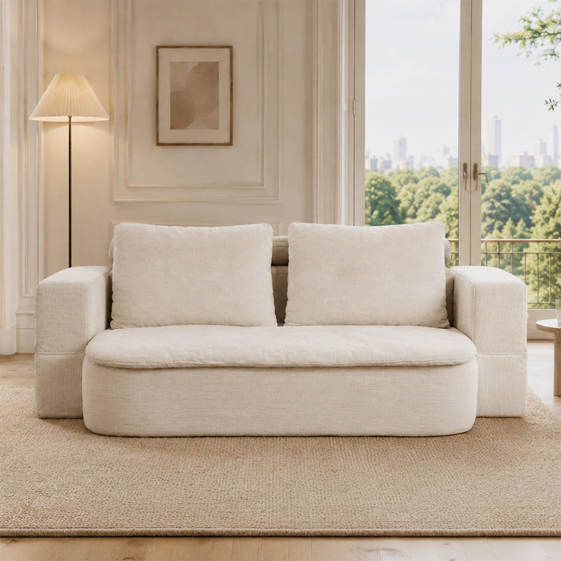 Canapé compressé convertible 2/3 places + couette en velours côtelé beige