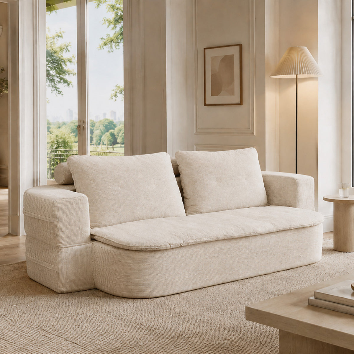 Canapé compressé convertible 2/3 places + couette en velours côtelé beige