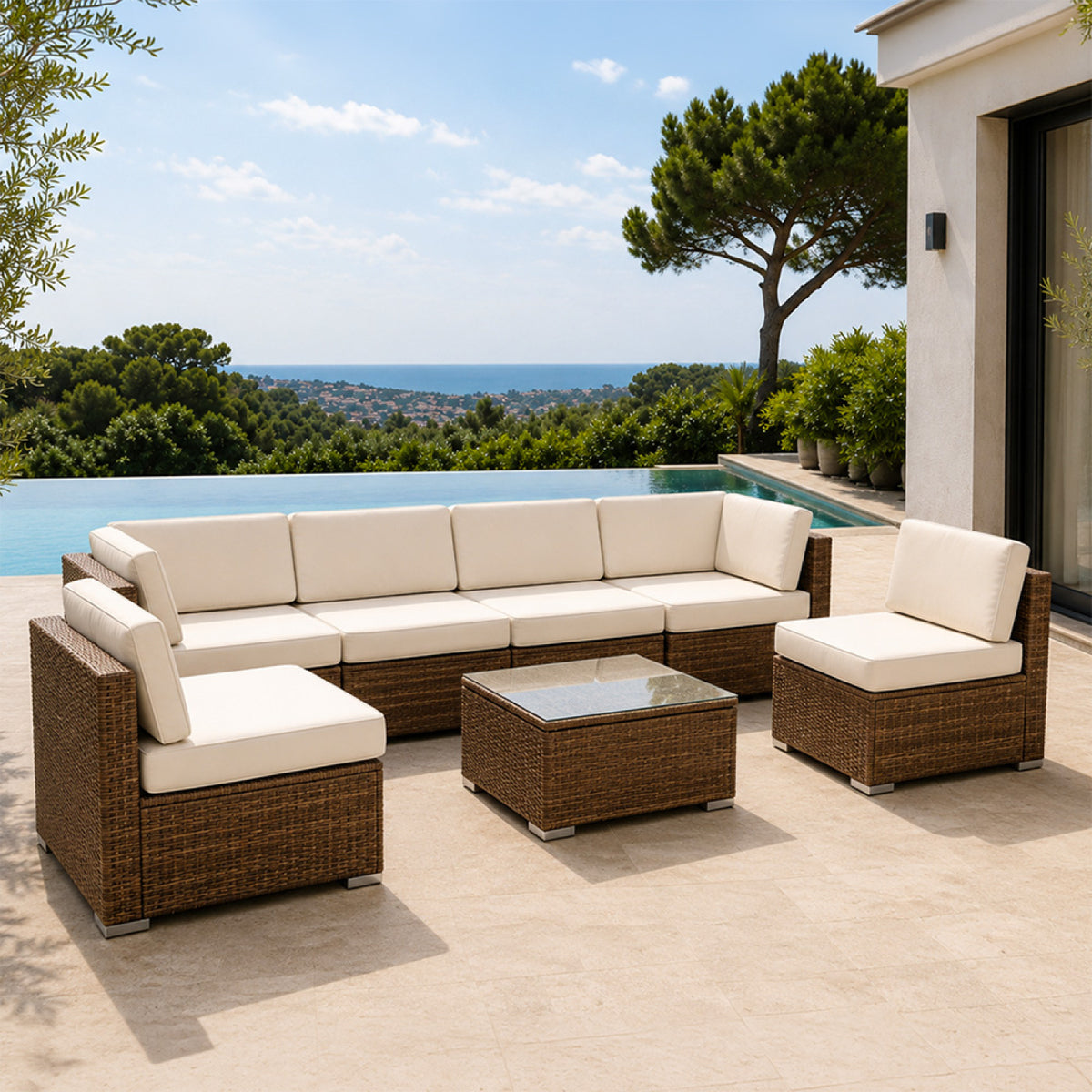 Salon de jardin 6 places modulable en résine tressée marron et beige QAMEA