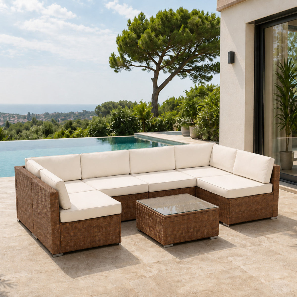 Salon de jardin 6 places modulable en résine tressée marron et beige QAMEA