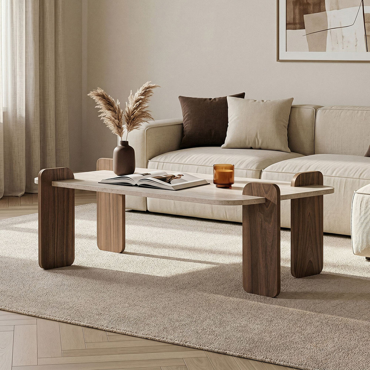 Table basse rectangulaire effet travertin beige 120cm - SITA