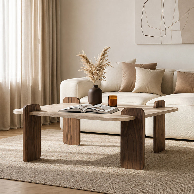Table basse carrée effet travertin beige 90x90cm - TASI